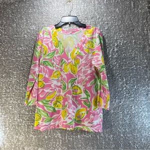 Barbara Gerwit Vintage Pink V neck Floral Shirt Large Women Cotton 3/4 Sleeve